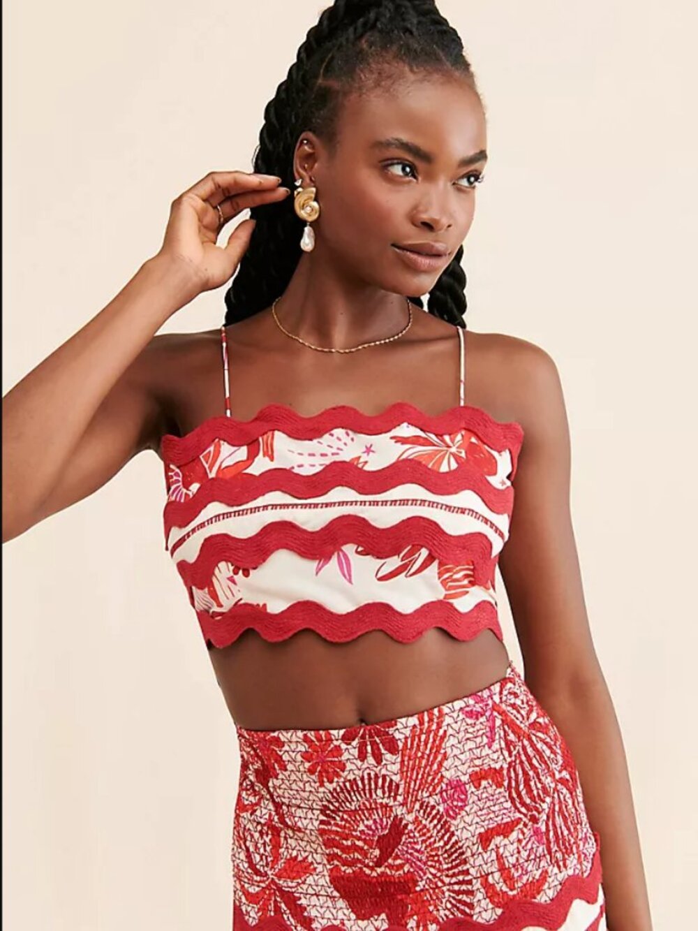 Farm Rio Tiles Printed Red Pink Floral Paisley Crop Top Size S